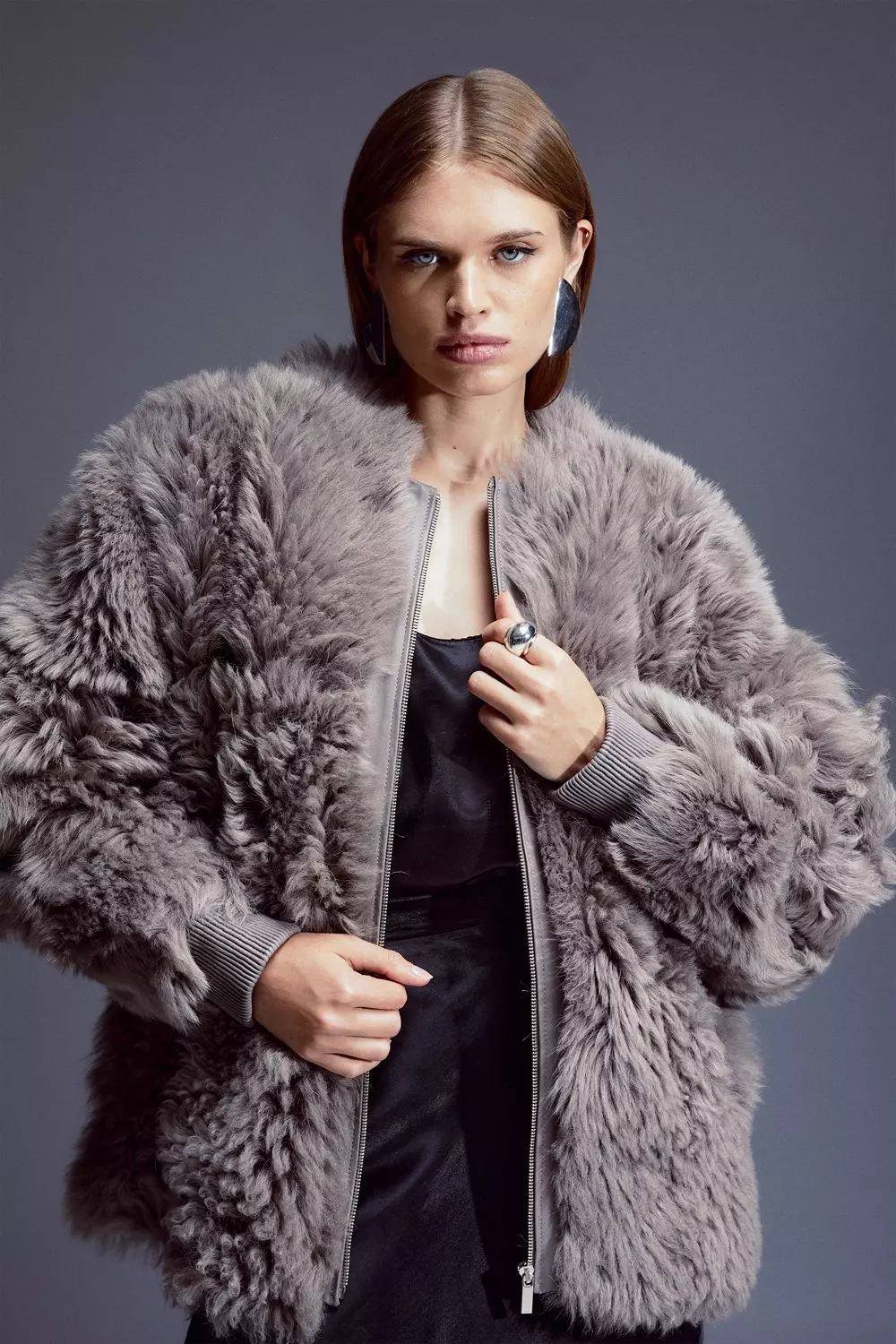 Collarless sale fur jacket